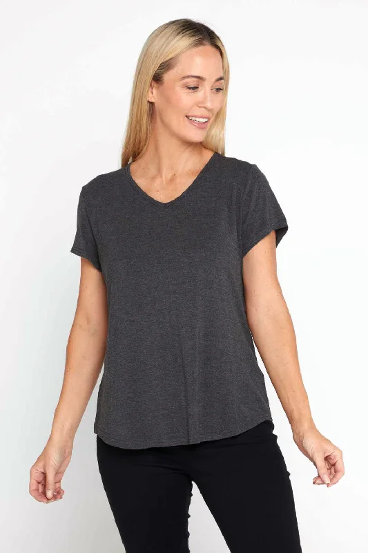 Women's Blouse with V-Shaped HemBamboo Tee - Charcoal