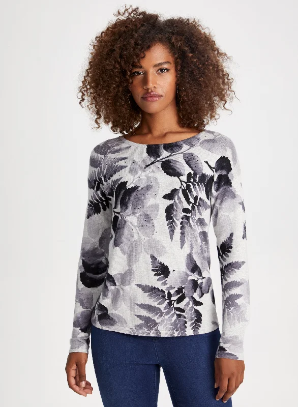 Women's Gathered SweatersLong Sleeve Leaf Print Top