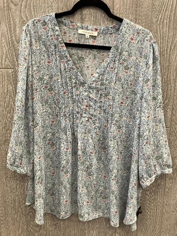 Women's Blouse with High CollarBlouse 3/4 Sleeve By Rose And Olive In Blue, Size: 2x