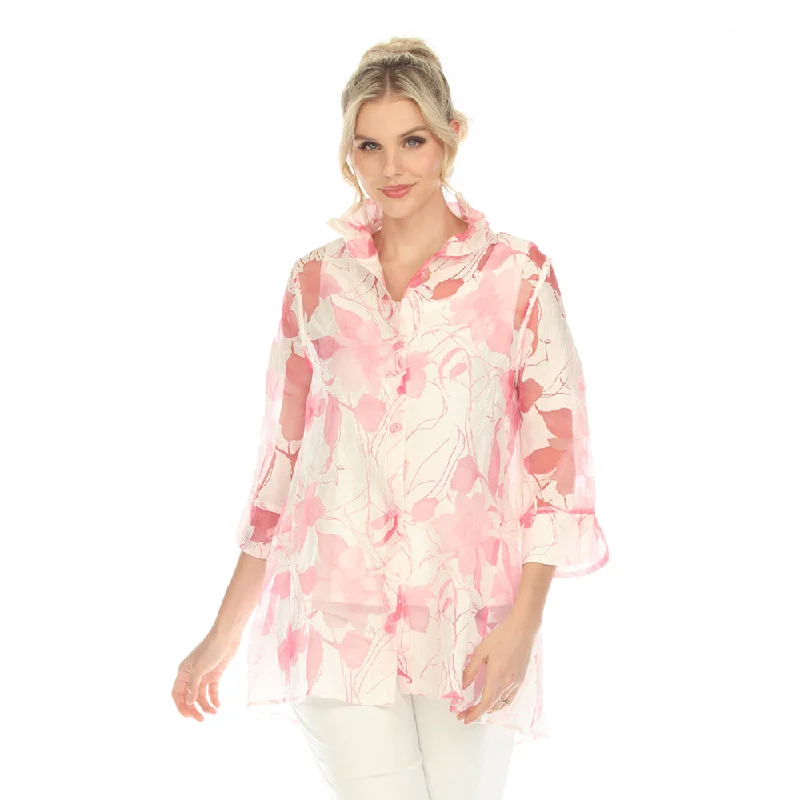 Women's Blouse with RufflesIC Collection Sheer Floral Hi-Low Blouse in Watermelon - 2277J-WM