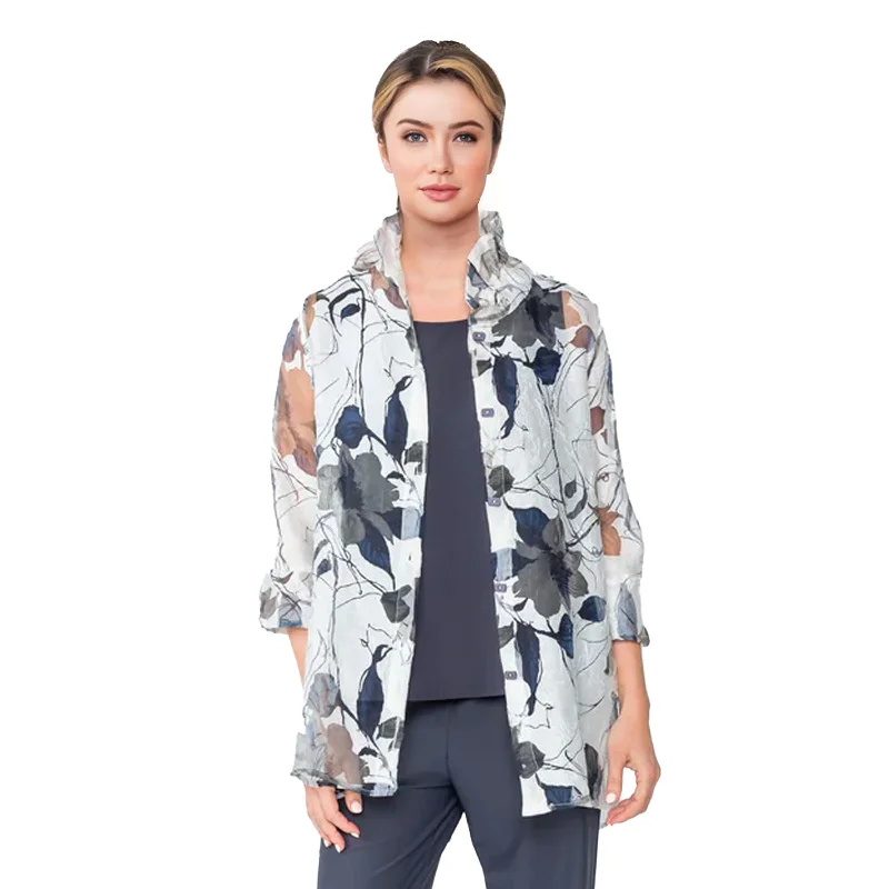 Women's Blouse with V-Shaped CollarIC Collection Sheer Floral Hi-Low Blouse in Blue/Grey - 2277J-BG -