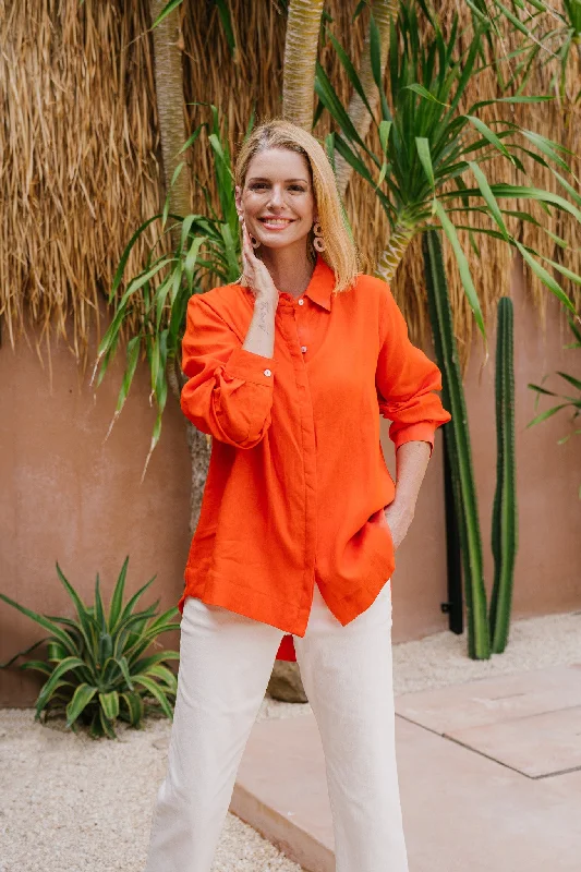 Women's Blouse for PartyOversized Linen Boyfriend Shirt in Tangerine