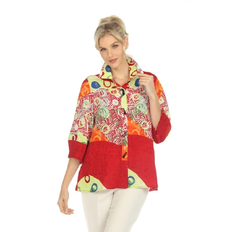 Women's Blouse with High CollarMoonlight Mixed-Print Button Front Blouse in Red Multi- 3540