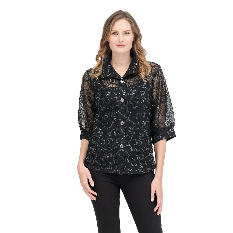 Women's Blouse with Lapel CollarDamee Soutache & Sequin on Black Mesh - 7102-BLK