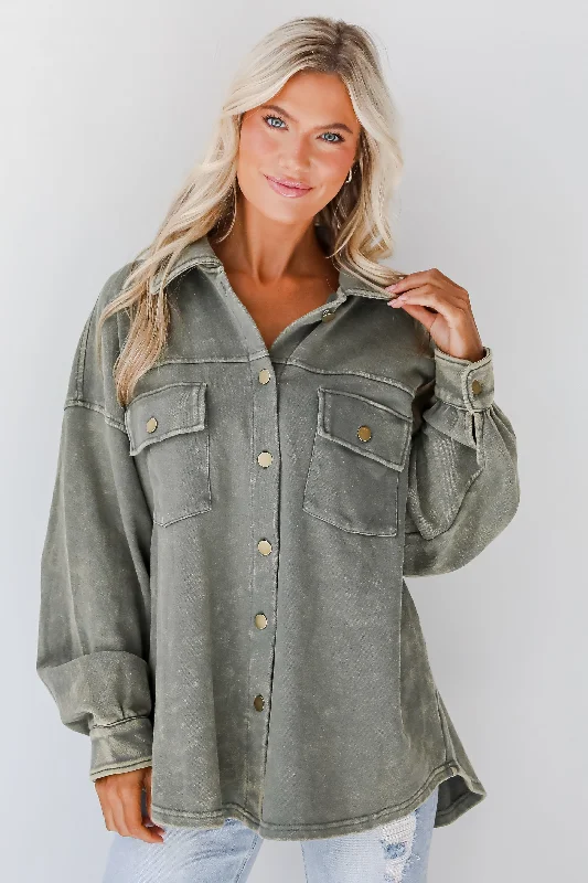 Women's High-Neck BlouseImpeccable Style Olive Acid Wash Button-Up Top