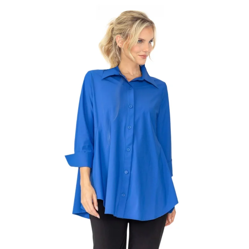 Women's V-Neck BlouseIC Collection Fold Down Collar Blouse in Blue - 3778B-BLU