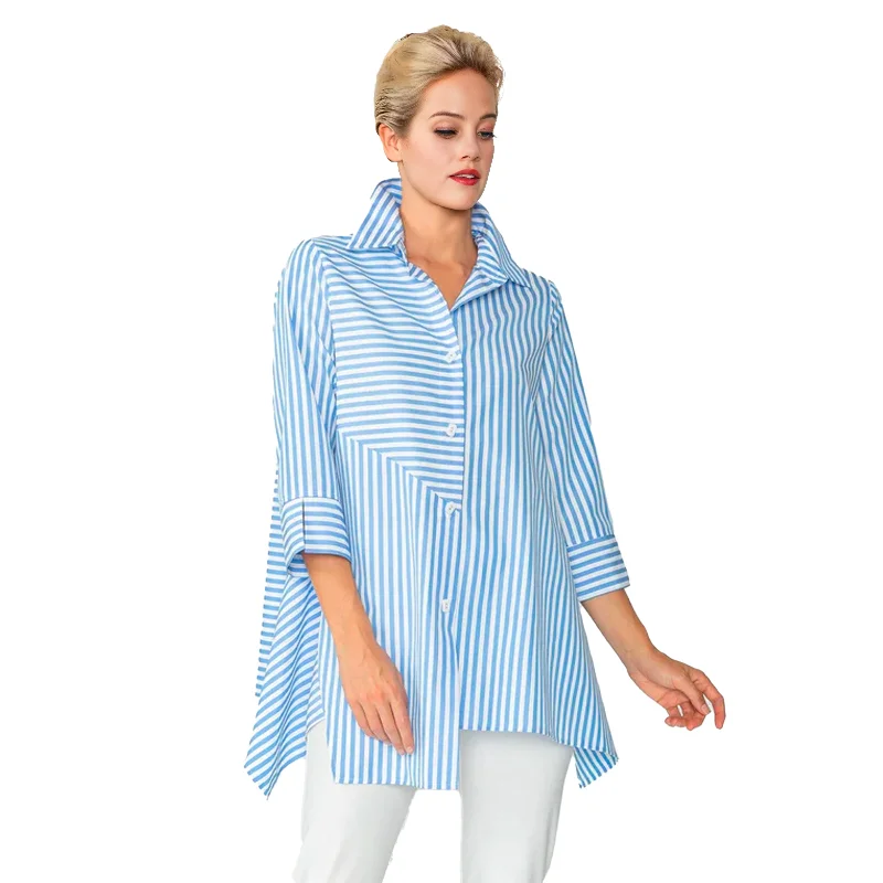 Women's Blouse with Boat CollarIC Collection "Mixed Direction" Cruisewear Asymmetric Shirt in Blue & White - 4691B