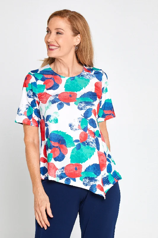 Women's Blouse with High CollarShyla Top - Teal/Coral Leaves