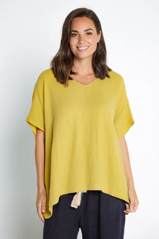 Women's Blouse with Narrow CollarFiji Cotton Muslin Top - Chartreuse