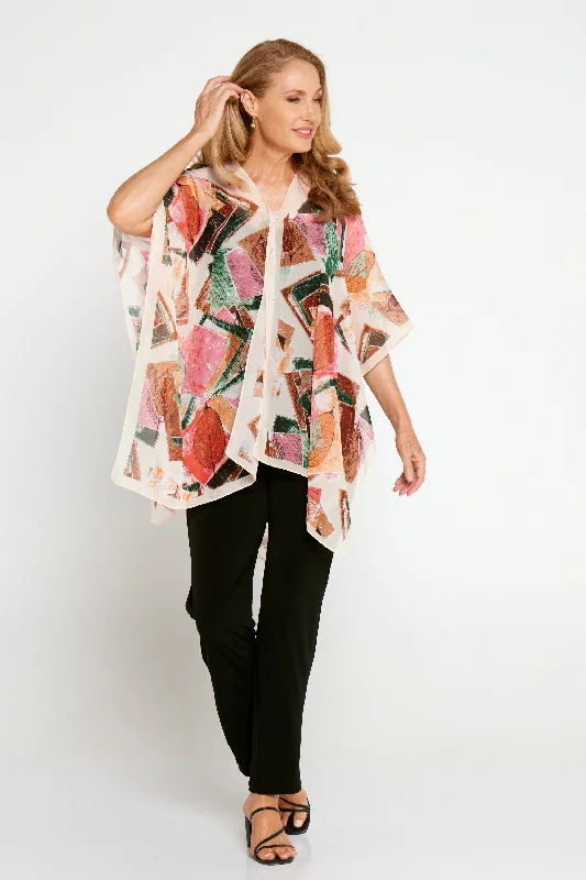 Women's Blouse with Notched CollarTwo Way Chiffon Shawl - Peach/Green