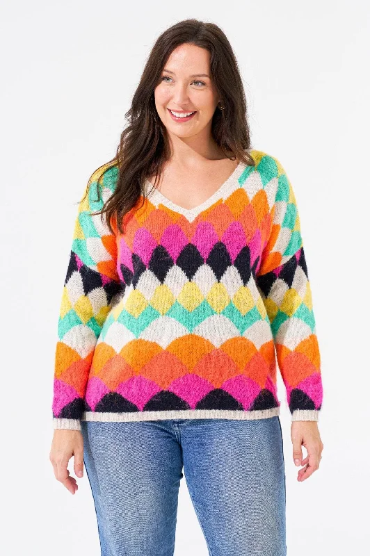 Women's Blouse with Straight HemArgyle Knit Jumper - Cream/Rainbow