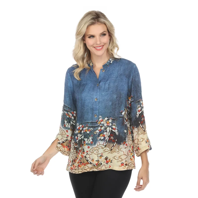 Women's Blouse with ZipperCitron Floral Art-Print Blouse in Indigo - 1213EAI