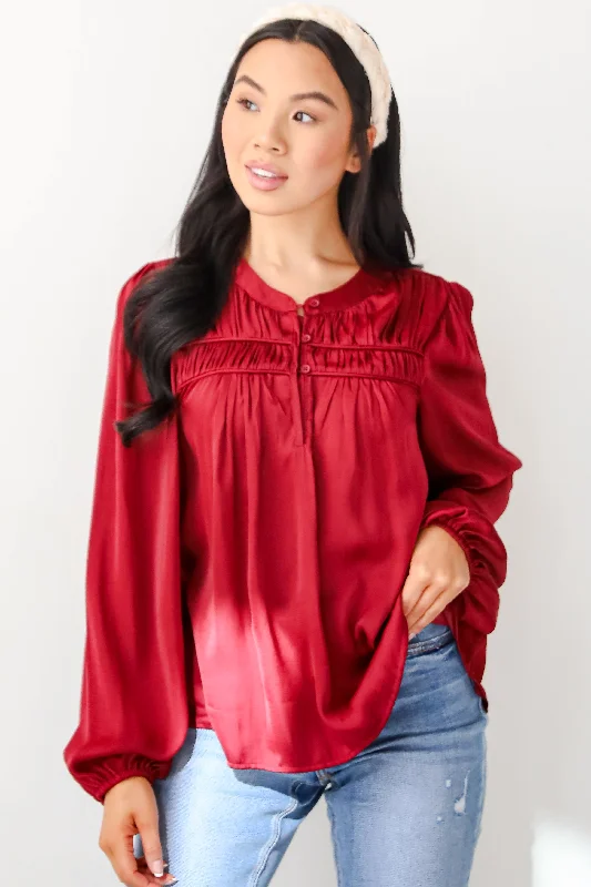 Women's Blouse with Rounded HemIdeal Sophisticate Burgundy Satin Blouse