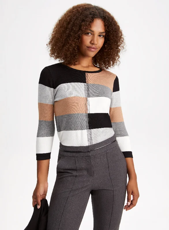 Women's Longline SweatersRhinestone Trim Colour Block Sweater