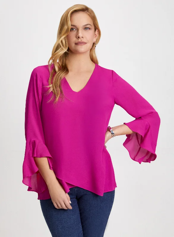 Women's Blouse with Mandarin CollarFlutter Sleeve V-Neck Blouse