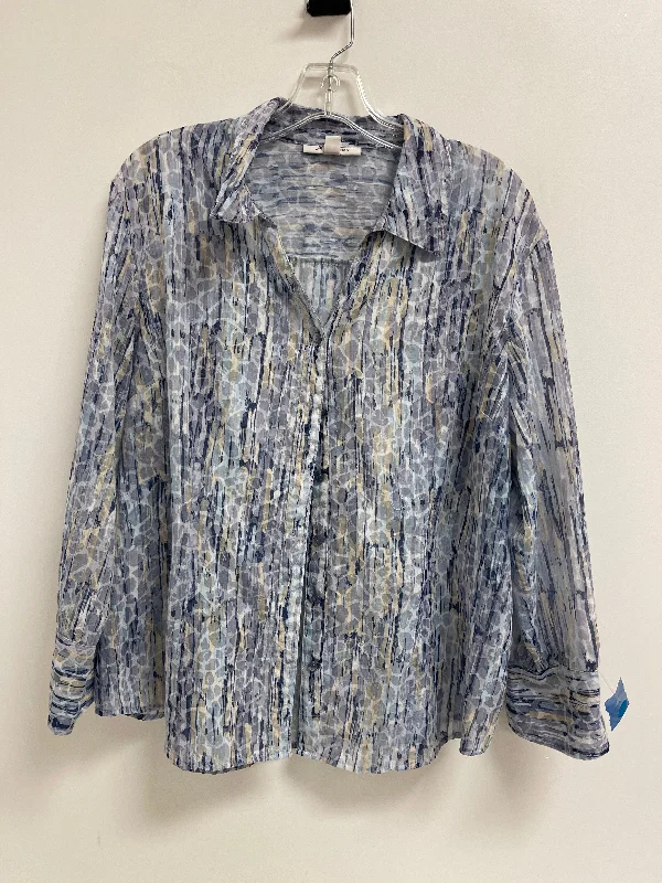 Women's Blouse with Low CollarBlouse Long Sleeve By Jm Collections In Blue, Size: 1x