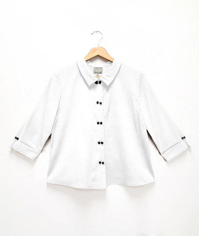 Women's Blouse with Long SleevesNiche - Seersucker - Twinbutton Top - White