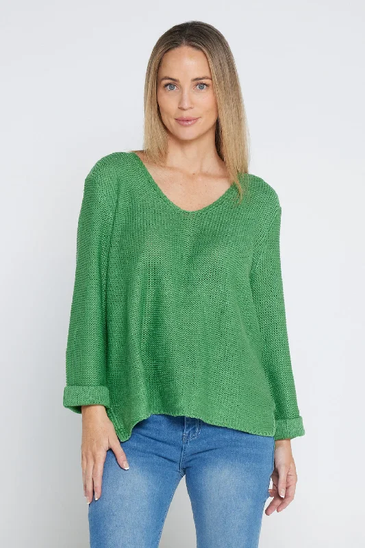 Women's Blouse with V-Shaped CollarEmmy Cotton Knit Jumper - Apple Green