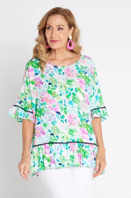 Women's Blouse with High CollarElectra Top - Jade/Amethyst Floral