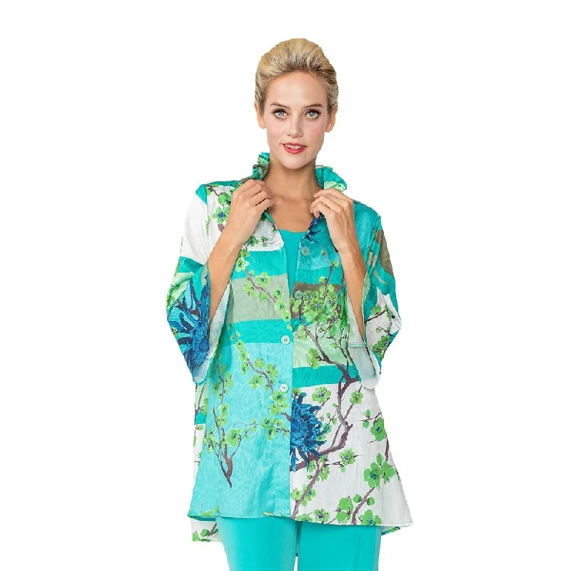 Women's Blouse with U-Shaped CollarIC Collection "Mixed Blossoms" High-Low Shirt in Turquoise - 6137T