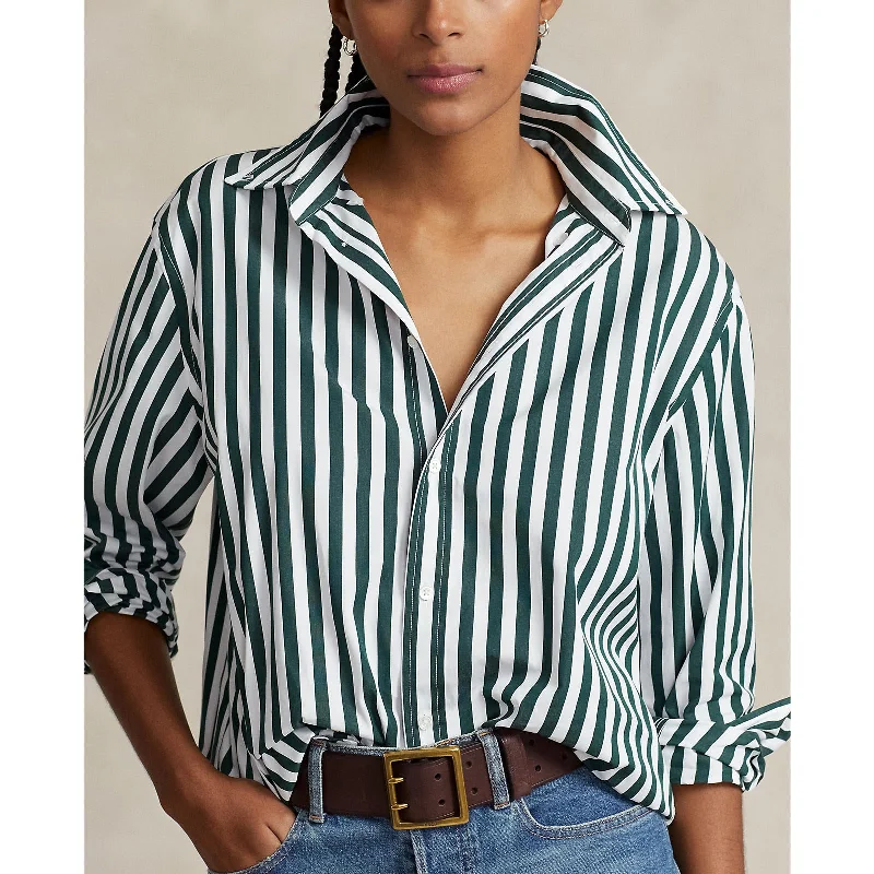 Women's Blouse with ShirringPolo Ralph Lauren - Relaxed Fit Cotton Shirt - Stripe - Olive/White Stripe