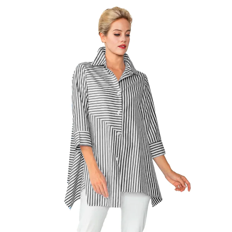 Women's Blouse for Casual WearIC Collection Resort Line  Asymmetric Shirt in Black & White - 4691B-BK