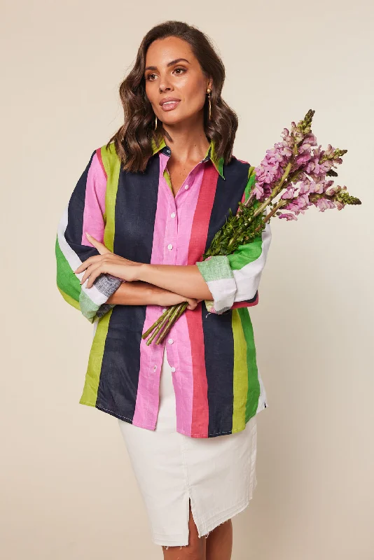 Women's Blouse with Boat CollarOversized Linen Boyfriend Shirt in Treviso Stripe