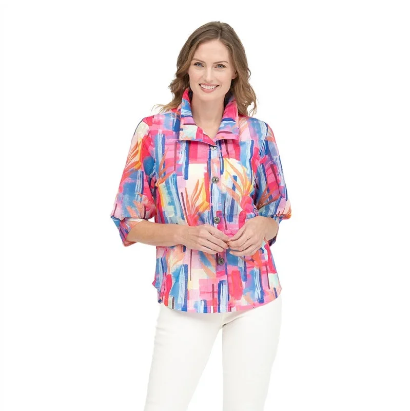 Women's Blouse with Keyhole CollarDamee Abstract High-Low Blouse in Vivid Pastels - 7099-PNK