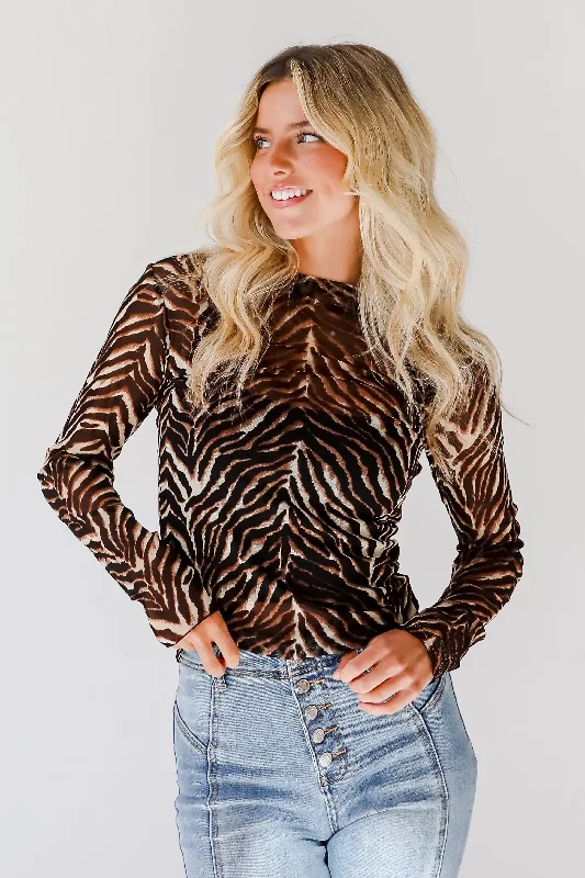 Women's Blouse with Sweetheart CollarFierce Expert Black Zebra Mesh Top