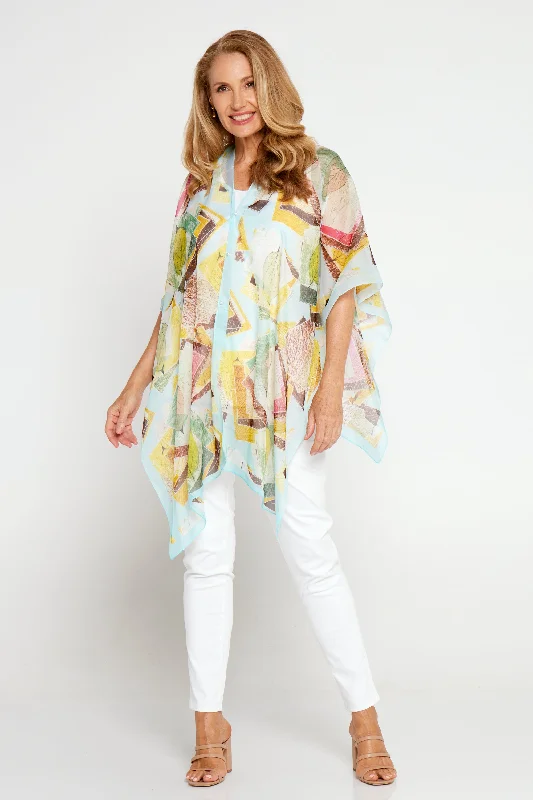 Women's Blouse with Shirt CollarTwo Way Chiffon Shawl - Lemon/Aqua