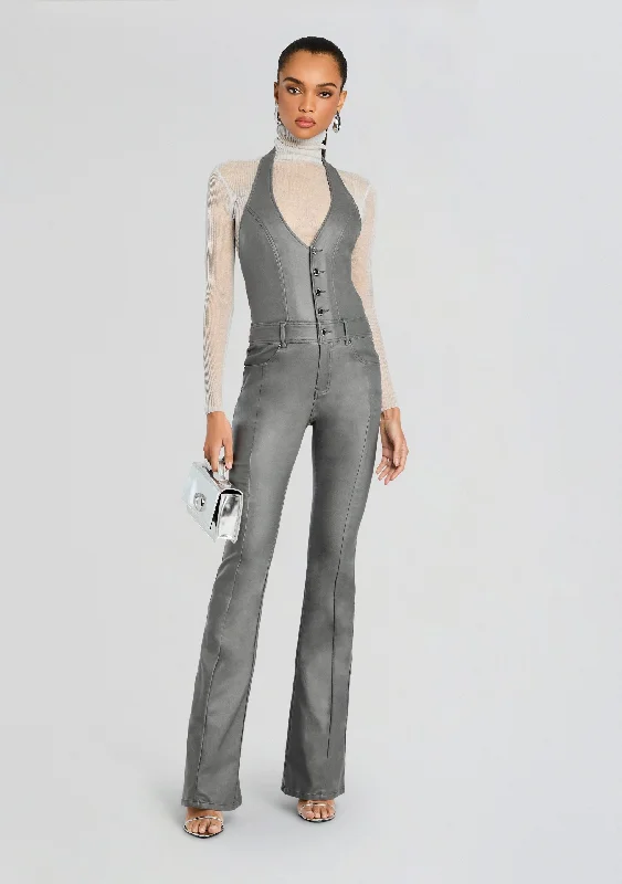 Women's Jumpsuits with Square CollarCynthia Coated Denim Jumpsuit