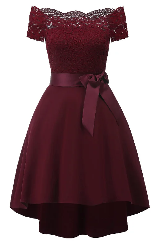 Women's Preppy SkirtsA Line Off the Shoulder Burgundy Lace Dress with Bowknot