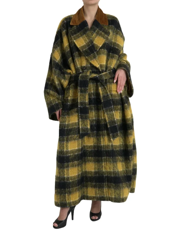 men's lightweight trench coatChic Checkered Long Trench Coat In Sunny Yellow