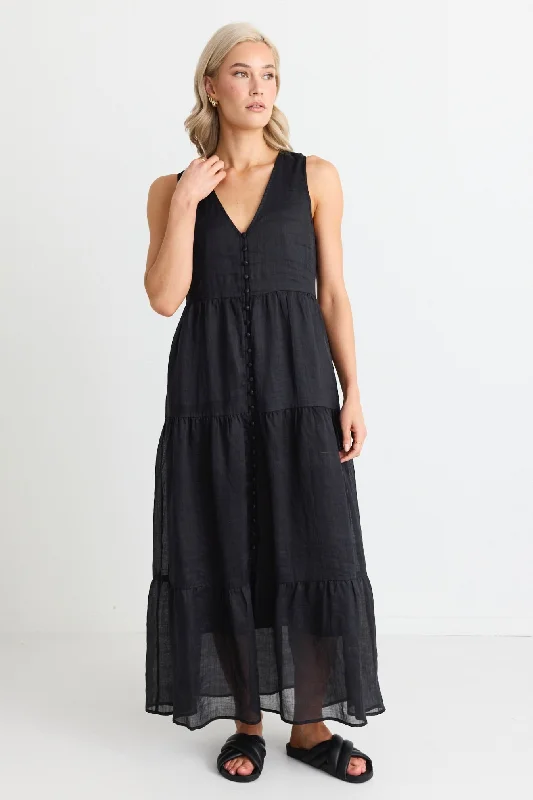 Women's Racerback DressesPacific Black Cotton Voile Sleeveless Button Front Tiered Maxi Dress