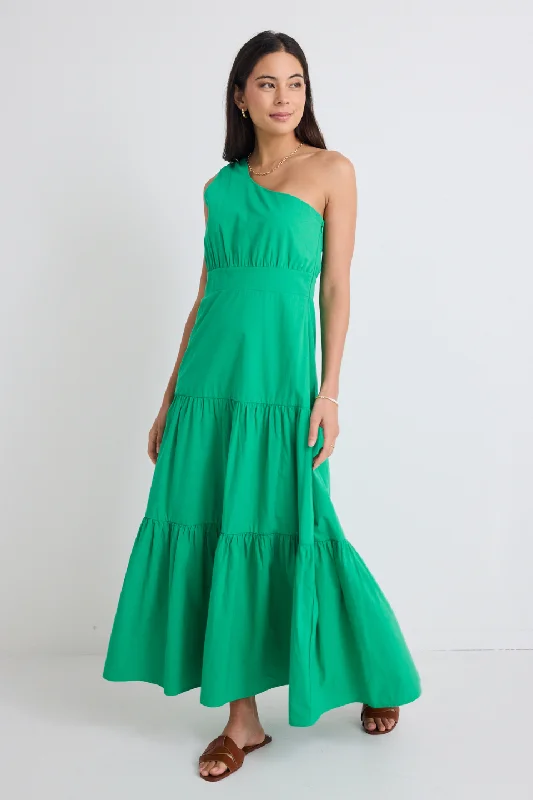 Women's Boat-Back DressesParade Green One Shoulder Tiered Maxi Dress