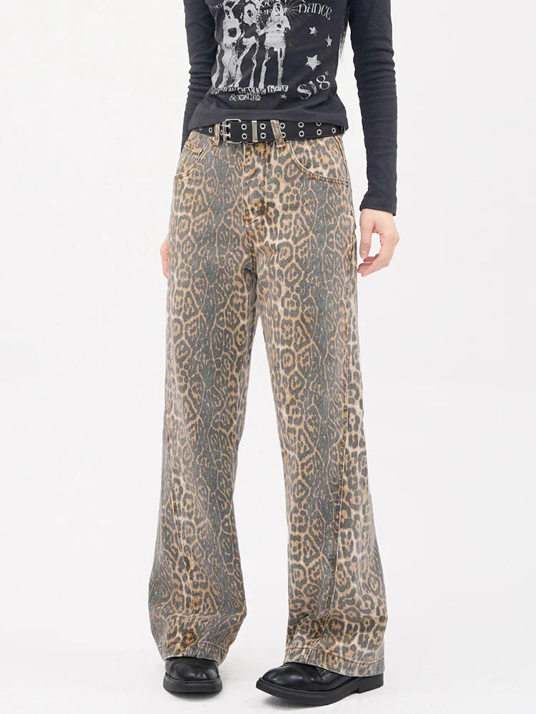 Women's Jodhpurs with Wide CollarVintage Leopard Print Wide Leg Panther Denim Jeans