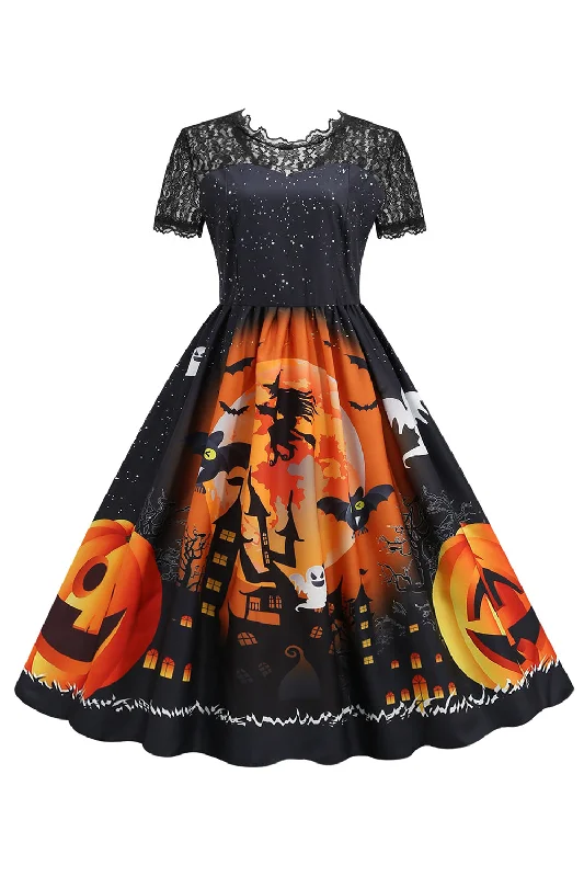 Women's Warm SkirtsLace Short Sleeve Print Halloween Retro Dress