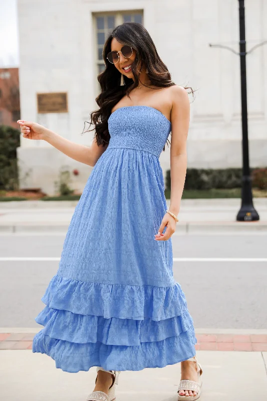 Women's High Collar DressesSweetest Presence Blue Smocked Strapless Maxi Dress