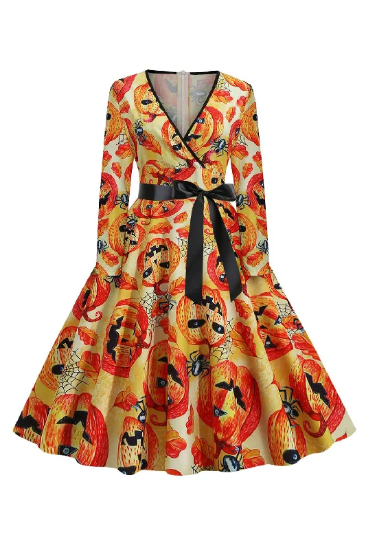 Women's V-Shaped Hem SkirtsOrange Latern Printed Halloween Vintage 1950s Dress with Sleeves