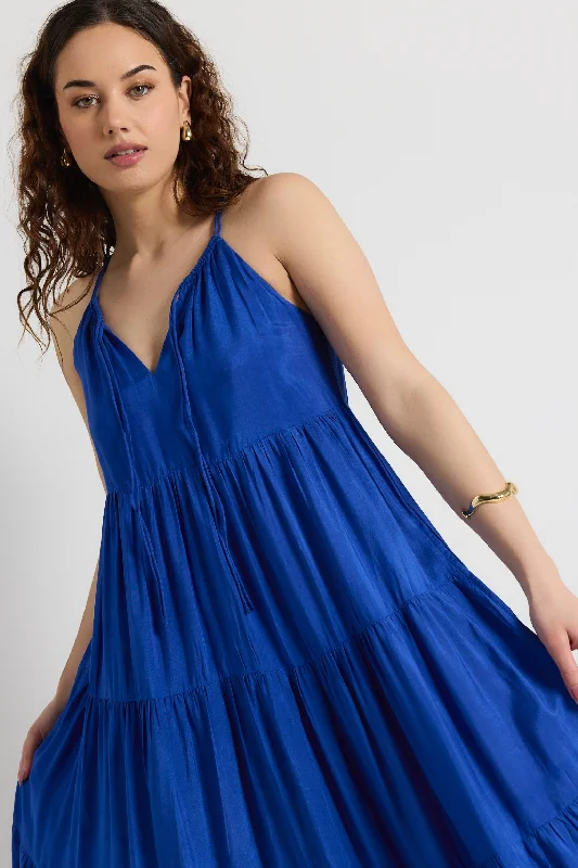 Women's Round-Neck DressesAffair Royal Blue Strappy Tiered Maxi Dress