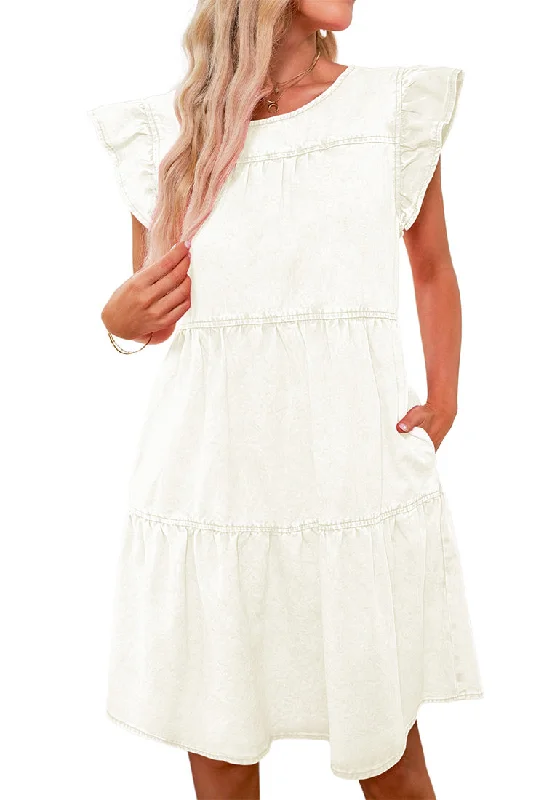 Women's Maxi DressesBrilliant White Women's Mini Denim Babydoll Sleeveless Ruffle Sleeve Pleated Dress