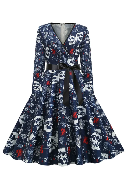 Women's Loose Fit SkirtsV Neck Skull Printed Navy Halloween Dress