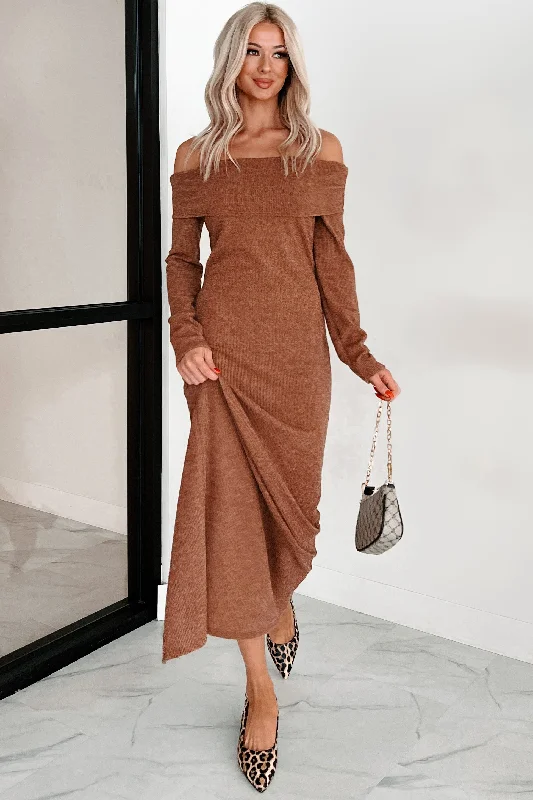 Women's U-Shaped Collar DressesTanya Off The Shoulder Sweater Maxi Dress (Brown)