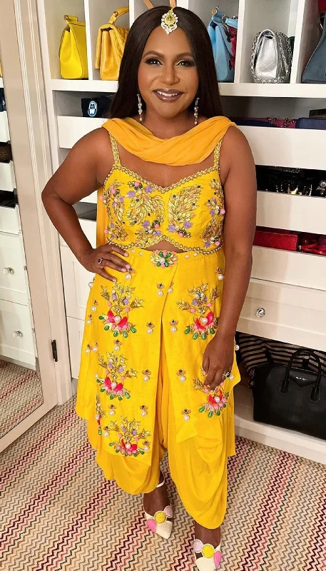 Women's Jumpsuits with U-Shaped CollarMindy Kaling - MUSTARD YELLOW EMBELLISHED DHOTI JUMPSUIT