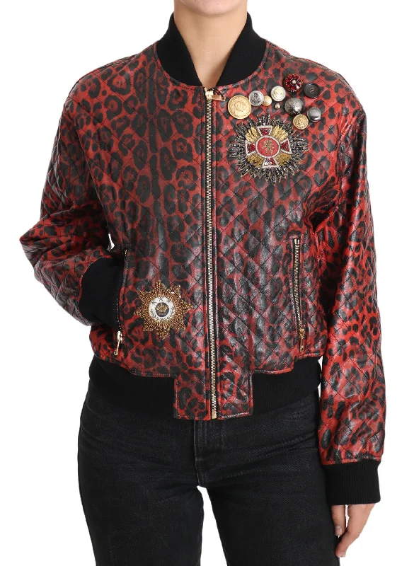 men's tailored blazer jacketRed Leopard Bomber Leather Jacket With Crystal Buttons