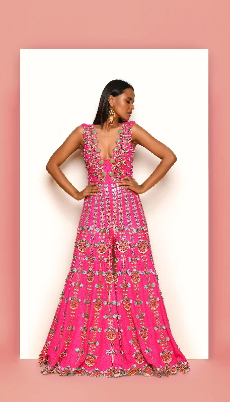 Women's Jumpsuits with Collarless DesignFIERCELY FRENZY - HOT PINK EMBELLISHED JUMPSUIT