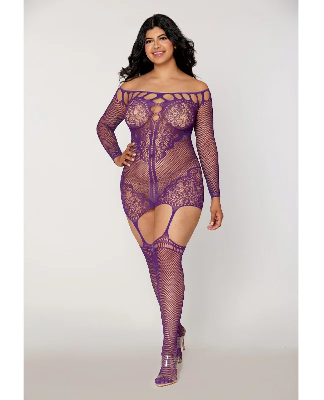 sports bras with mesh ventilationDreamgirl Queen Scalloped Lace and Fishnet Garter Dress w/Attached Stockings Purple