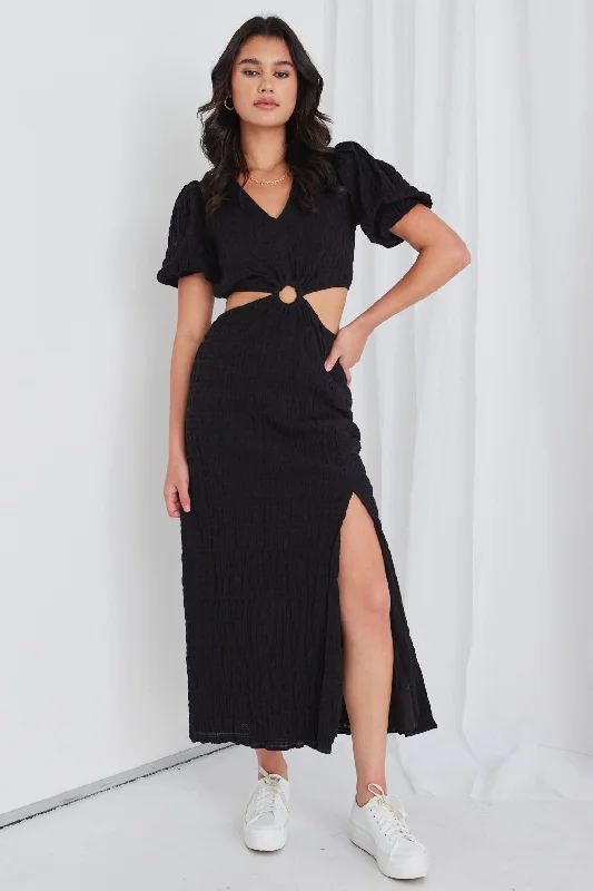 Women's V-Shaped-Neck DressesSkyler Black Shirred Cotton SS Cut Out Maxi Dress