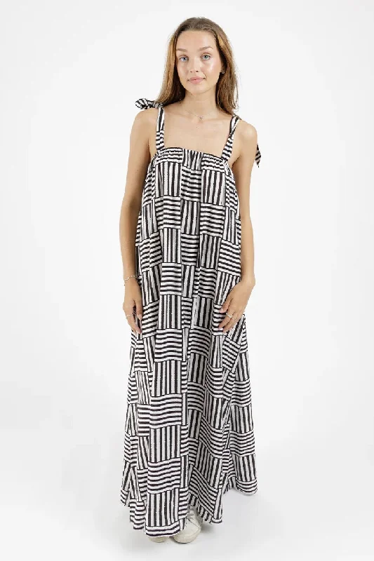 Women's Cap-Sleeve DressesBowie Black White Print Tie Shoulder Maxi Dress