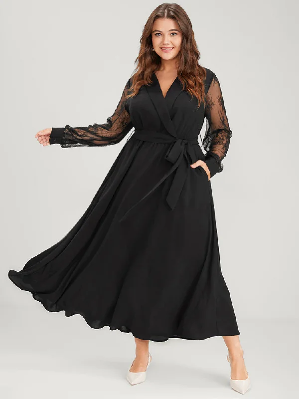 Women's Wrap DressesSolid Lace Lantern Sleeve Button Lapel Collar Belted Maxi Dress